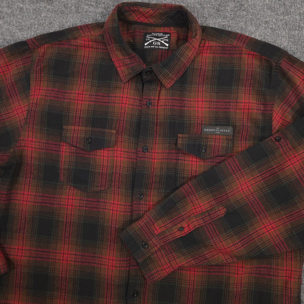 Grunt Style Flannel Shirt Mens 2XL Red Brown Plaid Flap Pocket Outdoor Military